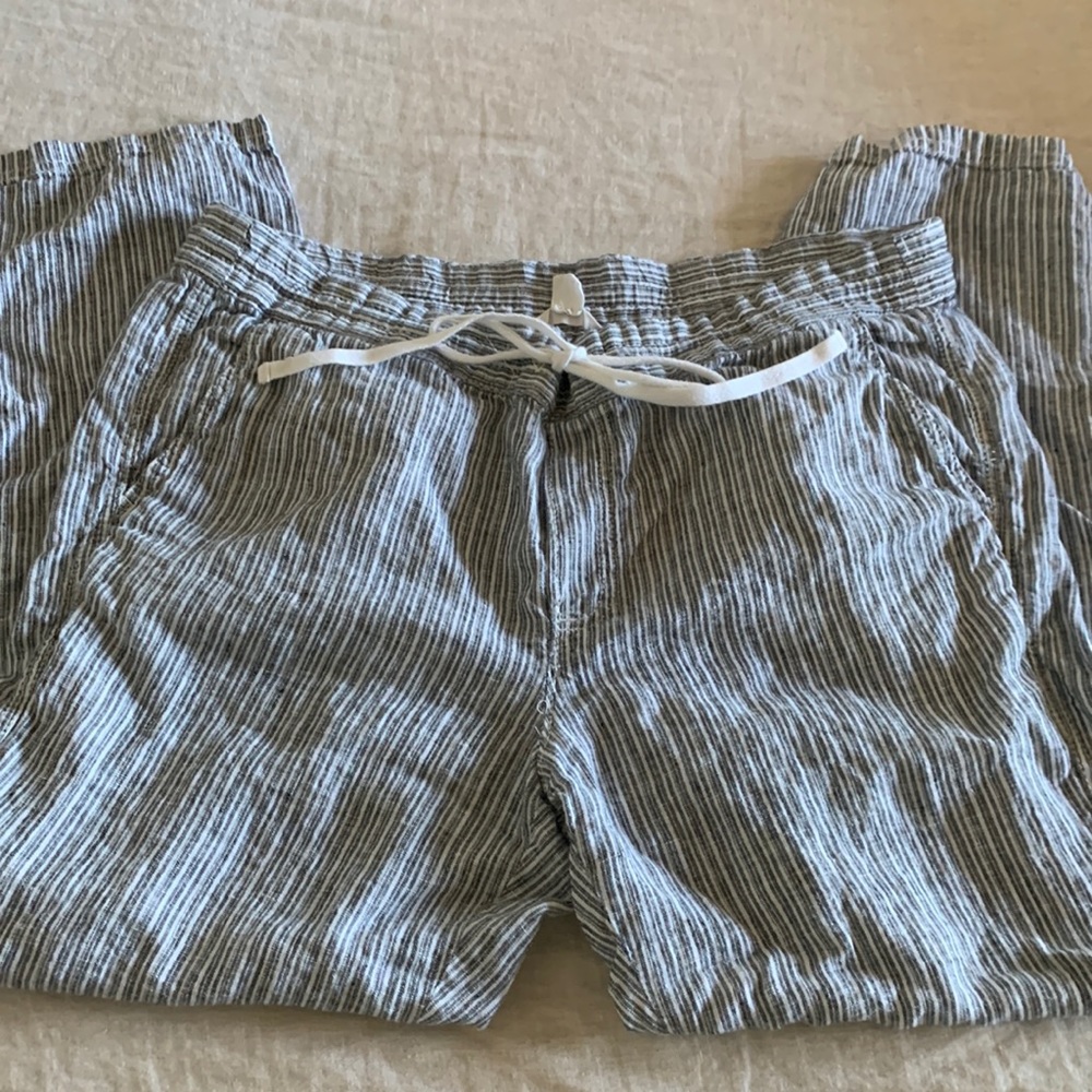 Linen Wide Leg Pants Striped Cropped Drawstring